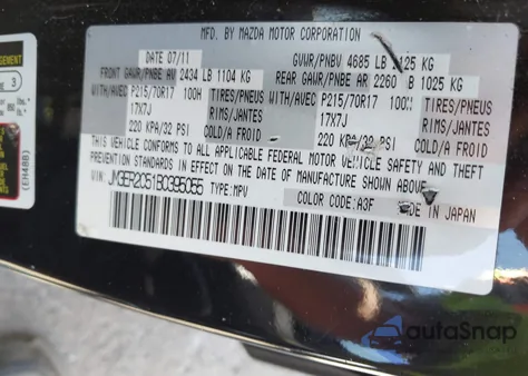 2011 Mazda Cx-7 I Touring from USA, damaged, VIN JM3ER2C51B0395055